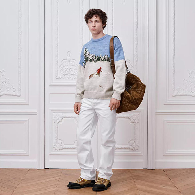 dior ski scene embroidery crew neck long sleeve sweater